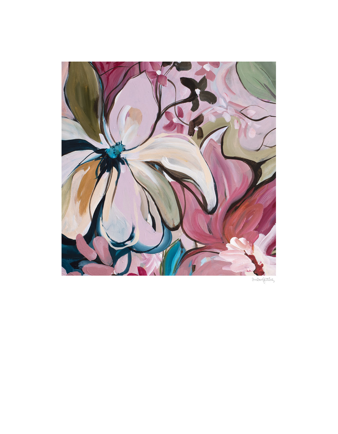 Contemporary floral abstract paper art print. Colourful modern design in pinks, browns, turquoise and green. Abstract linear flower petals and organic flowing shapes. A big white border around the design that is in a smaller square shape.