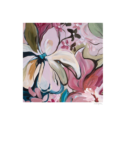 Contemporary floral abstract paper art print. Colourful modern design in pinks, browns, turquoise and green. Abstract linear flower petals and organic flowing shapes. A big white border around the design that is in a smaller square shape.