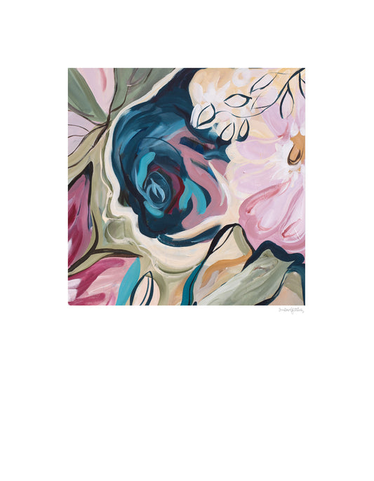 Contemporary colourful abstract floral paper art print with a big white border around it.