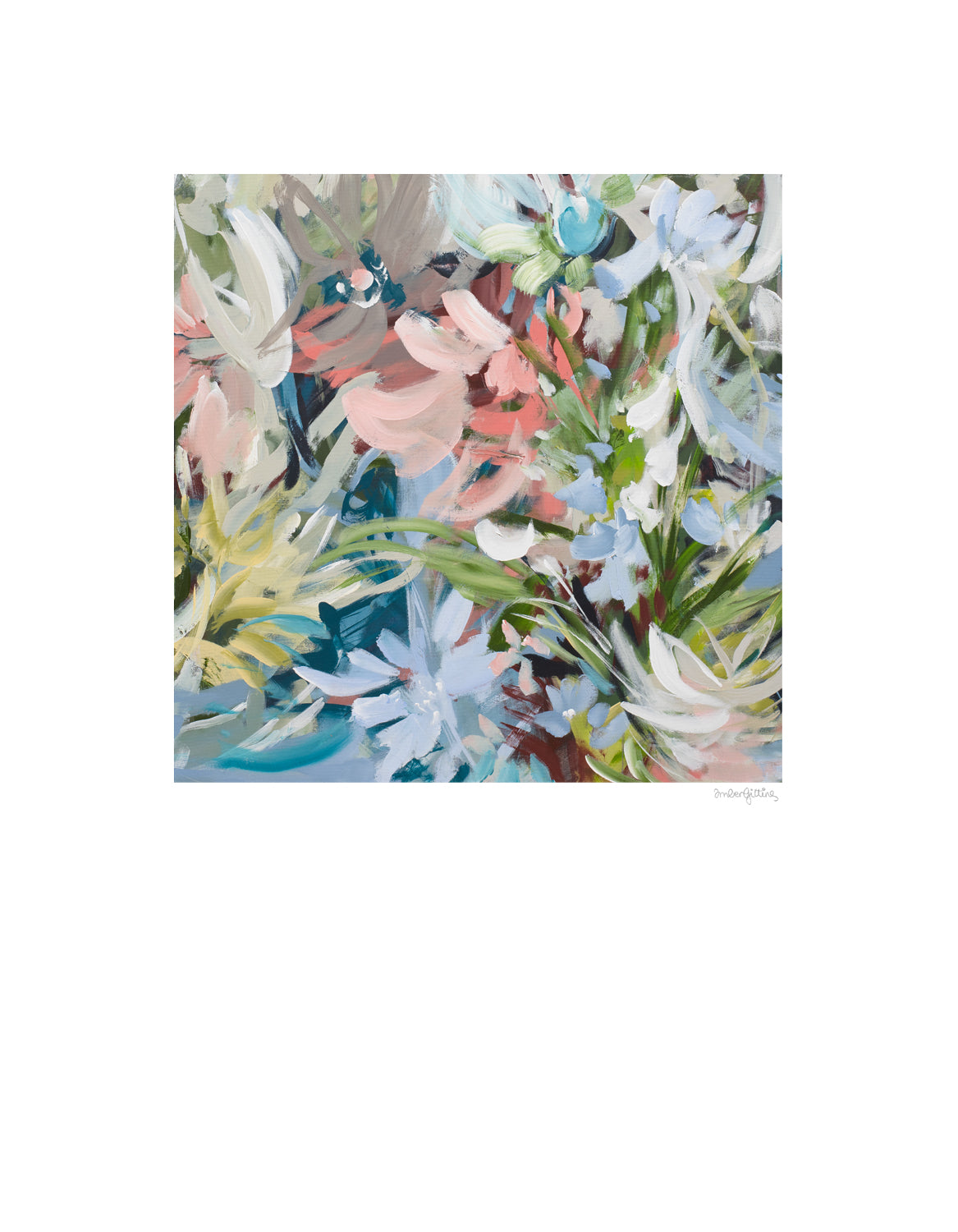Colourful abstract flower paper wall art print in pastel shades of pink, blue, green, white and brown. Simple floral shapes layered in an expressionist style. Big white border surrounding the square flower design.