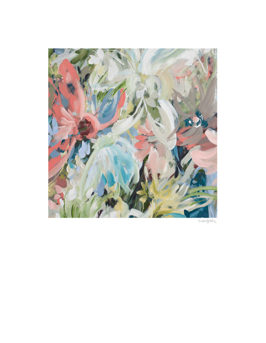 Colourful abstract flower paper wall art print in pastel shades of pink, blue, green, white and brown. Simple floral shapes layered in an expressionist style. Big white border surrounding the square flower design.