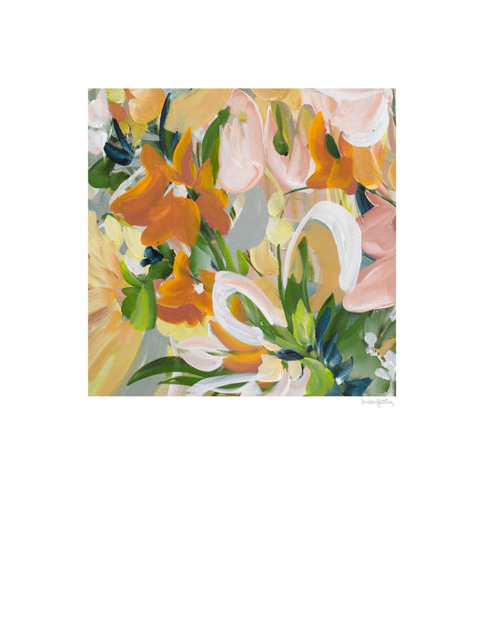 Modern abstract flower wall art print in soft shades of orange, green, warm yellow. Layered flower petals in an expressive style in a square format. Big white border surrounds the design.