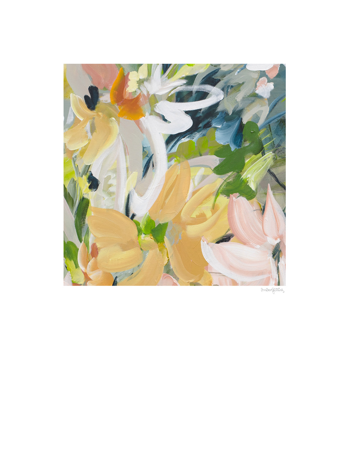 Modern abstract flower wall art print in soft shades of orange, green, warm yellow. Layered flower petals in an expressive style in a square format. Big white border surrounds the design.