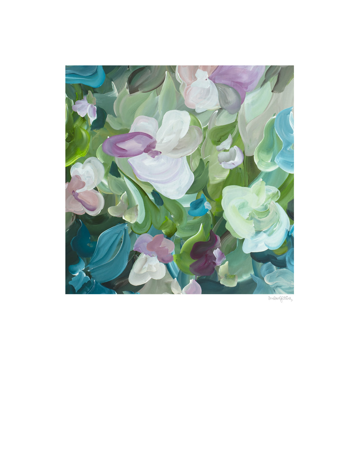 Beautiful feminine abstract floral wall art print in pastel shades of green, turquoise and pink. Simple floral organic shapes layered in a modern style. Big white border surrounding the square inner design.