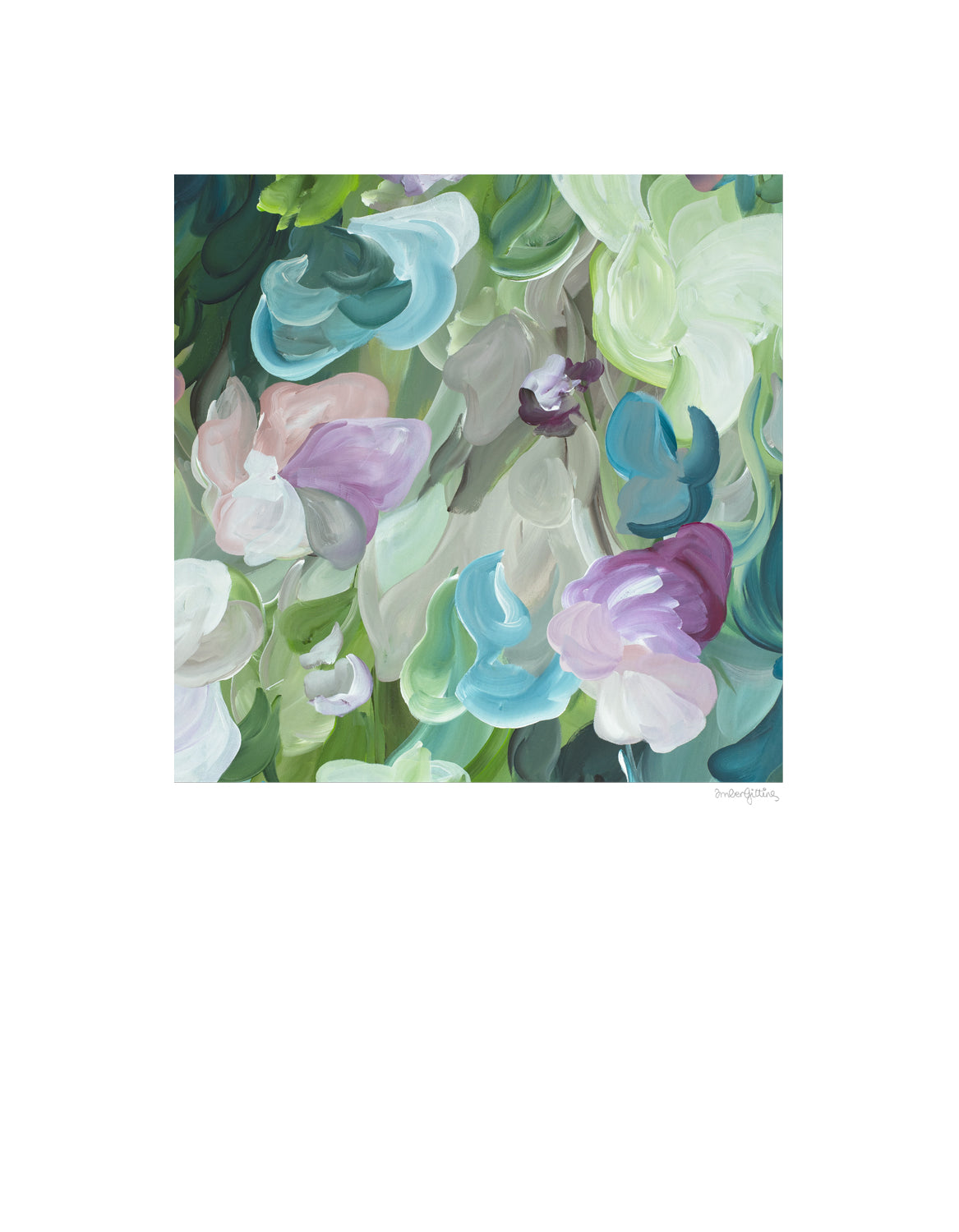 Beautiful feminine abstract floral wall art print in pastel shades of green, turquoise and pink. Simple floral organic shapes layered in a modern style. Big white border surrounding the square inner design.
