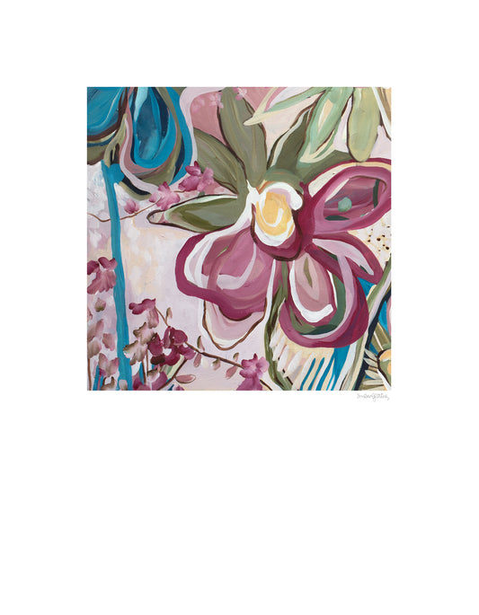 Modern eclectic flower abstract art print in pinks and turquoise. Bohemian inspired style of design of linear flower petal shapes in a fun flowing design. Big white border around the square shaped colourful design.