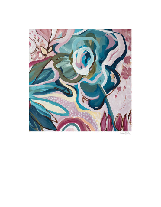 Modern eclectic flower abstract art print in pinks and turquoise. Bohemian inspired style of design of linear flower petal shapes in a fun flowing design. Big white border around the square shaped colourful design.