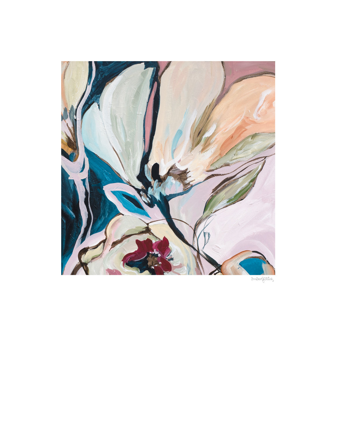 Stunning modern eclectic flower abstract art print in soft pinks and turquoise. Bohemian inspired style of design of linear flower petal shapes in a fun flowing design. Big white border around the square shaped colourful design.