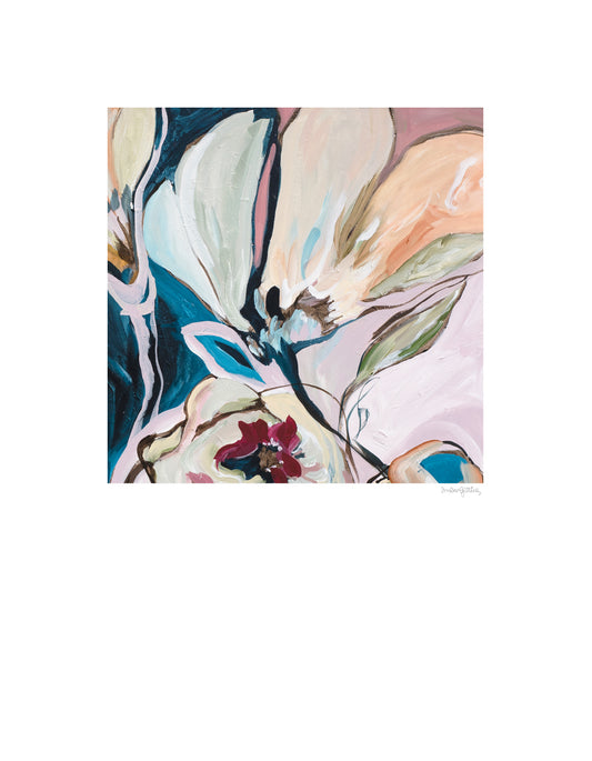 Stunning modern eclectic flower abstract art print in soft pinks and turquoise. Bohemian inspired style of design of linear flower petal shapes in a fun flowing design. Big white border around the square shaped colourful design.