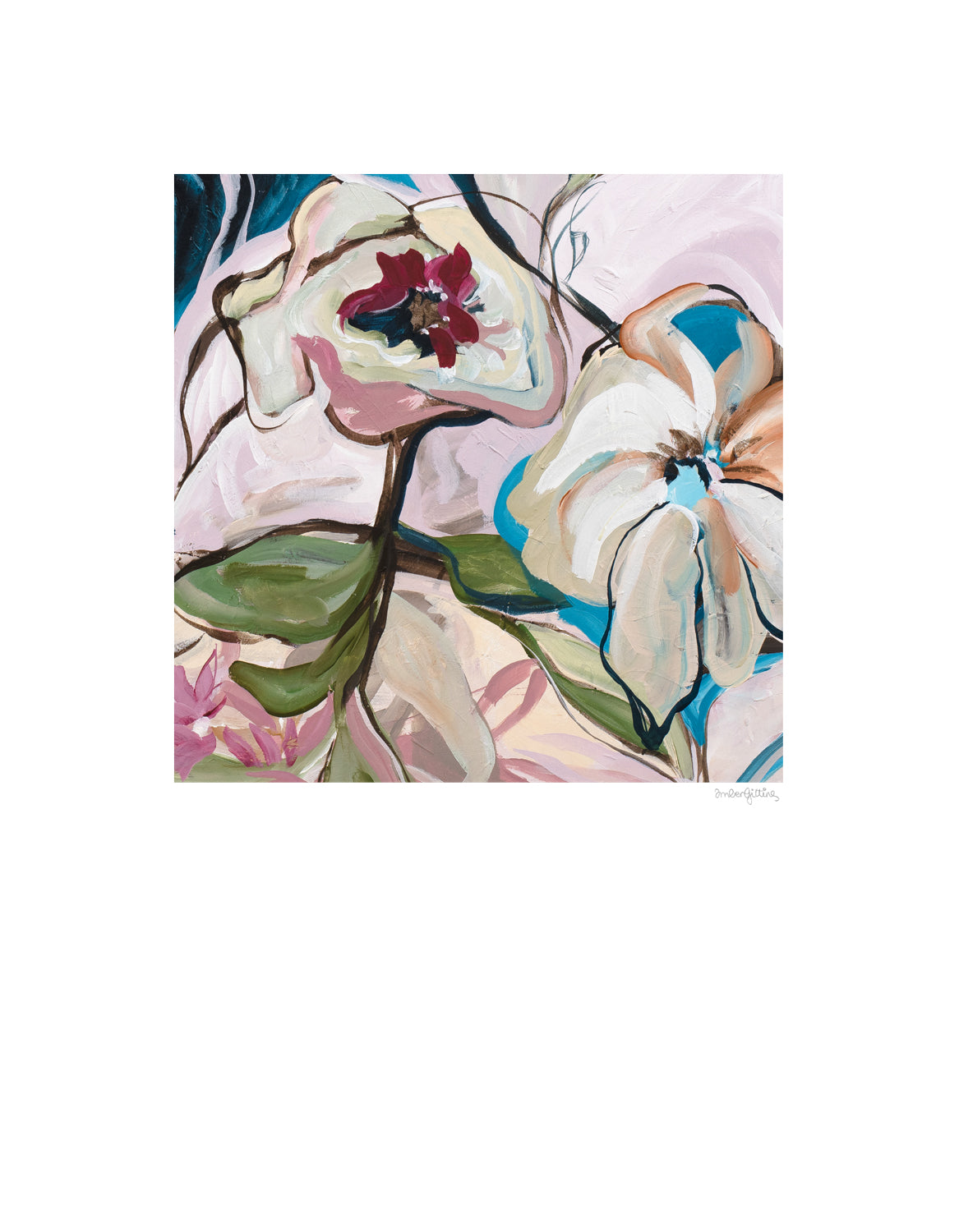 Stunning modern eclectic flower abstract art print in soft pinks and turquoise. Bohemian inspired style of design of linear flower petal shapes in a fun flowing design. Big white border around the square shaped colourful design.