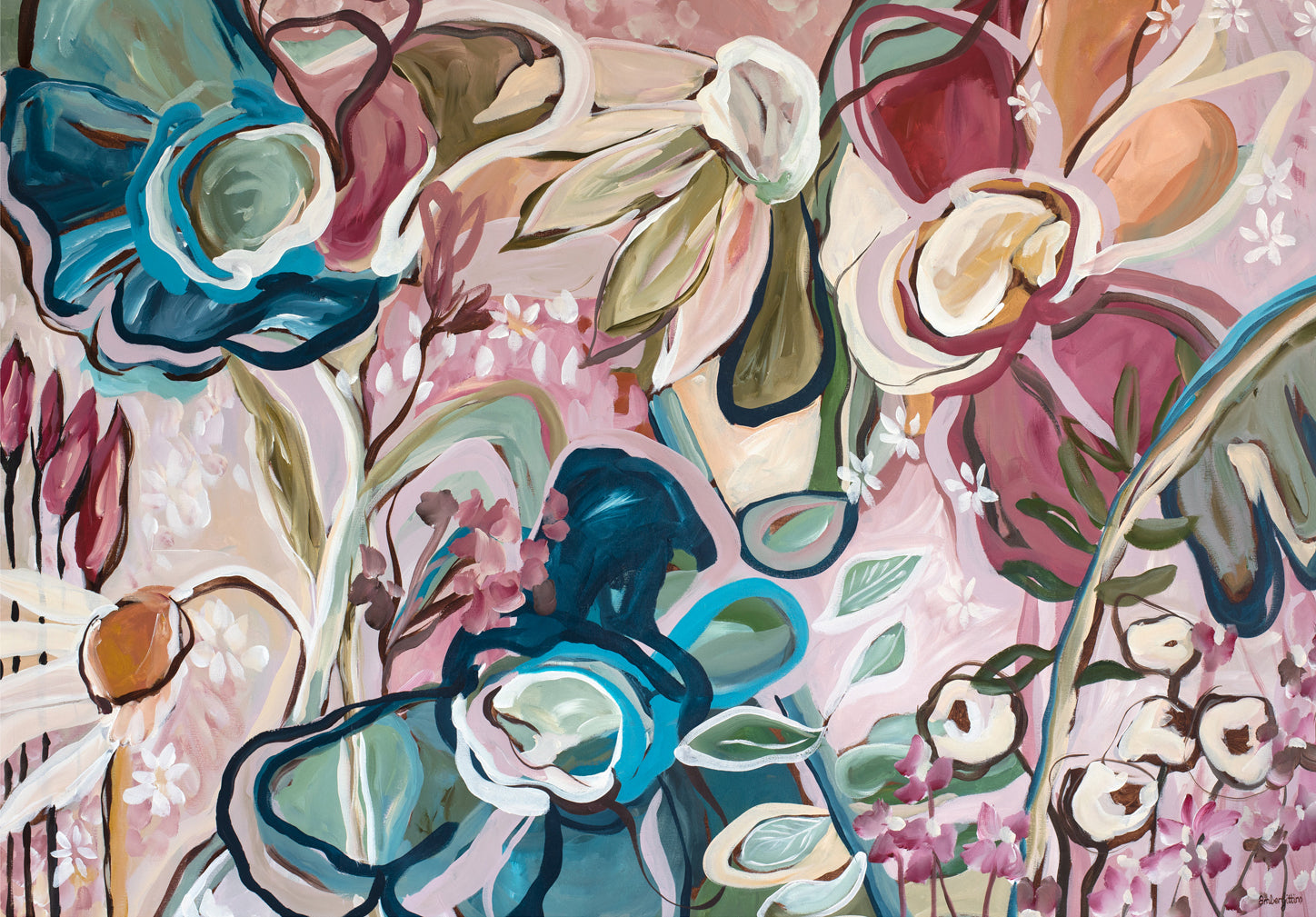 Colourful contemporary flower abstract wall art print in pinks, turquoise and greens. Linear, eclectic, fun, bohemian style of art.