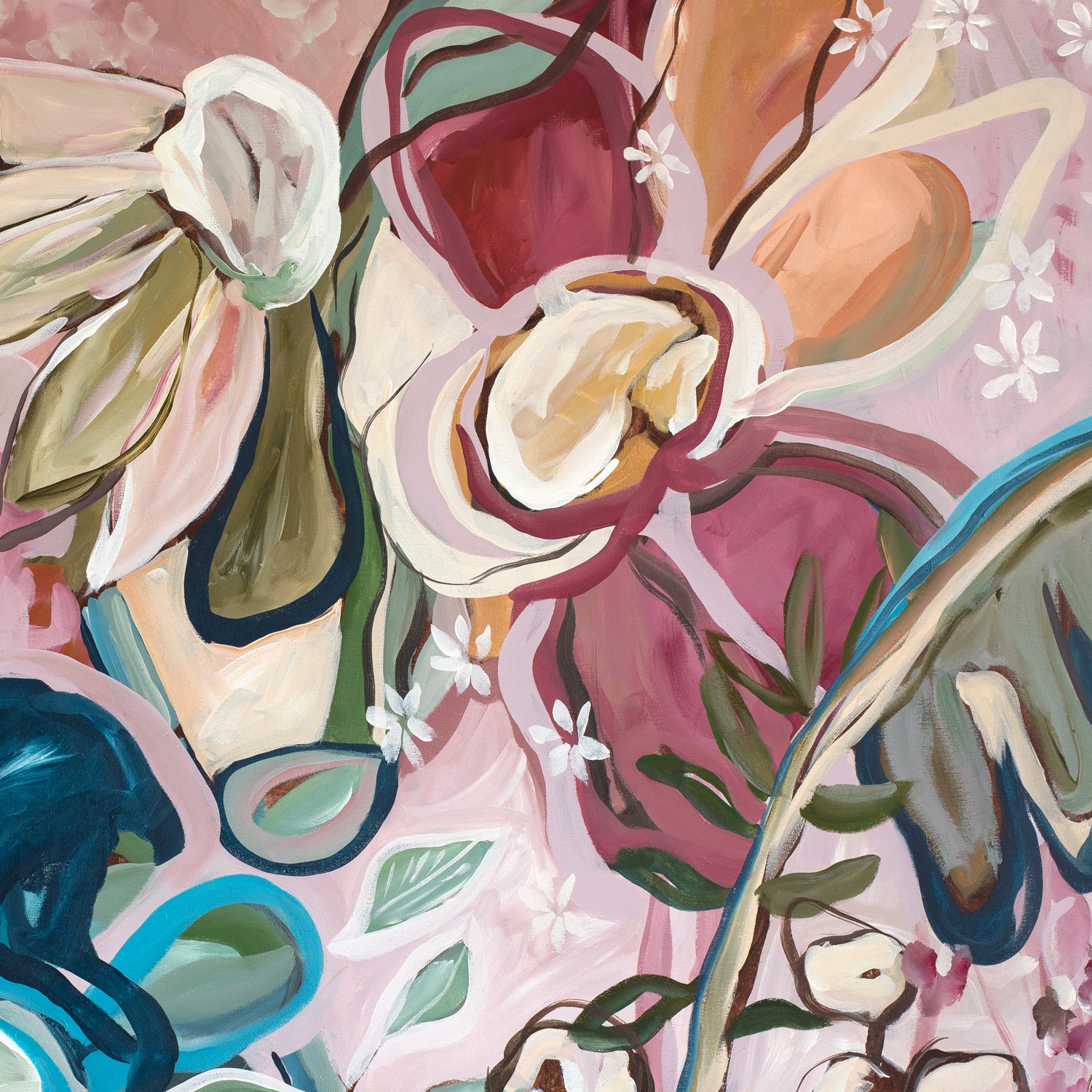 Colourful contemporary flower abstract wall art print in pinks, turquoise and greens. Linear, eclectic, fun, bohemian style of art. Close up cropped section.