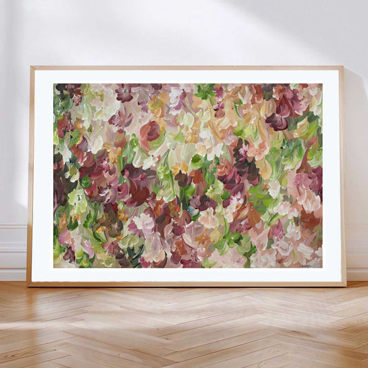 Abstract flower  fine art print in a modern style with autumn colours of orange, burgundy, ochre and green.