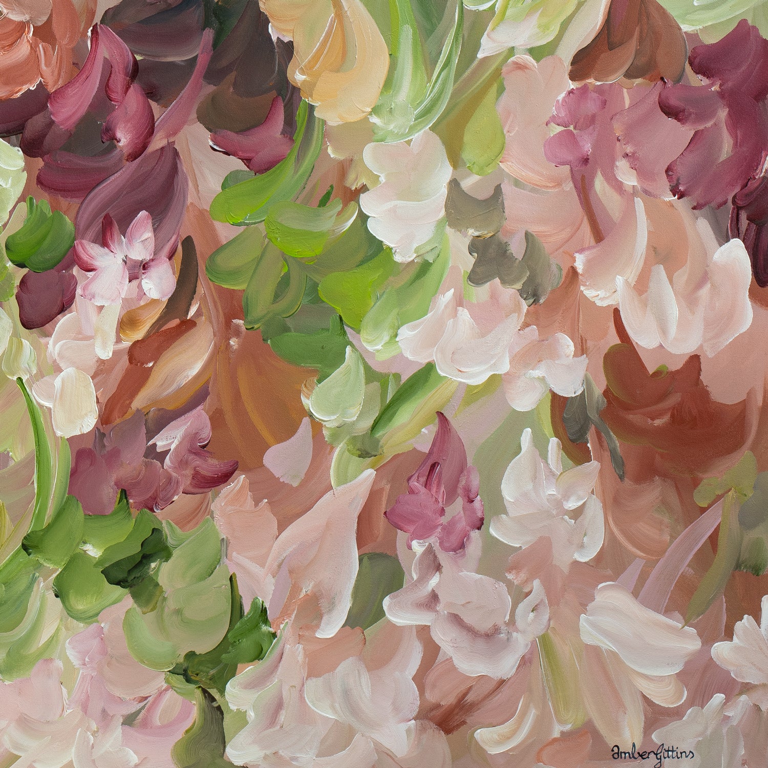 Autumn inspired abstract canvas art print of floral leaves falling to the ground in burgundy, green, brown, pink and warm ochre yellow