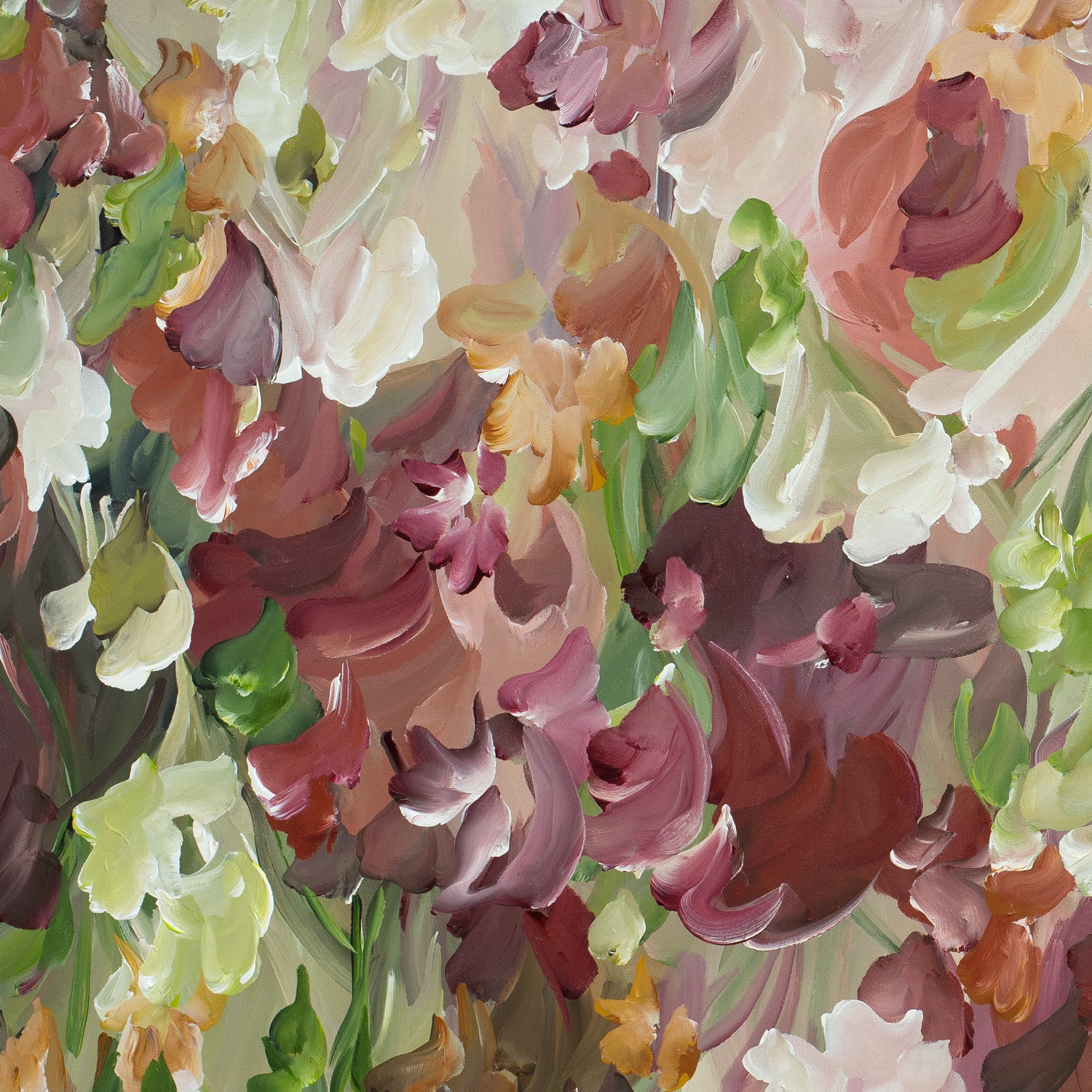 Autumn inspired abstract canvas art print of floral leaves falling to the ground in burgundy, green, brown, pink and warm ochre yellow