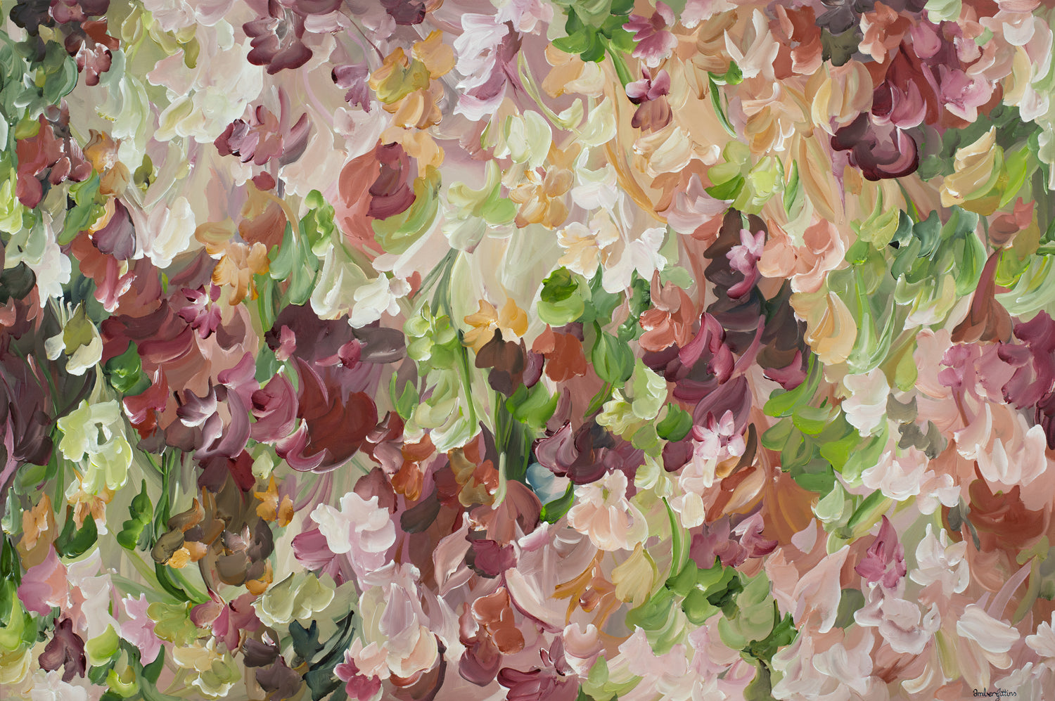 Autumn inspired abstract canvas art print of floral leaves falling to the ground in burgundy, green, brown, pink and warm ochre yellow