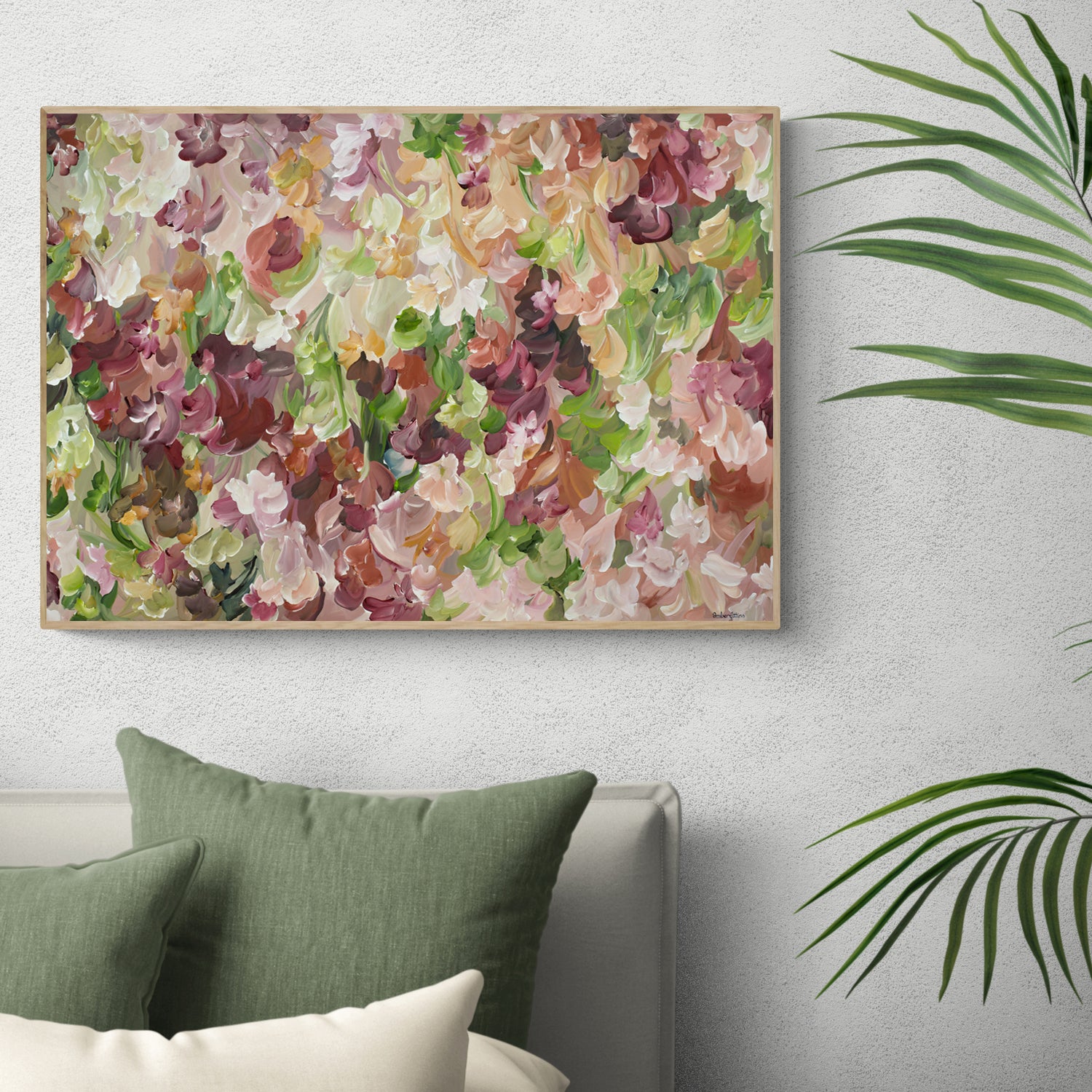 Autumn inspired abstract canvas art print of floral leaves falling to the ground in burgundy, green, brown, pink and warm ochre yellow