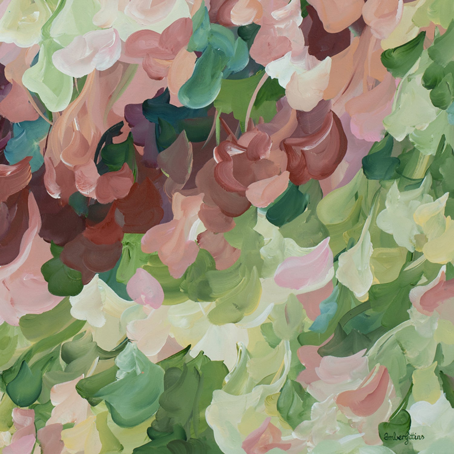 Modern nature art print in contemporary colours of warm brown and pinks and natures green. Contemporary impressionist simple style. Close up cropped section of art print.