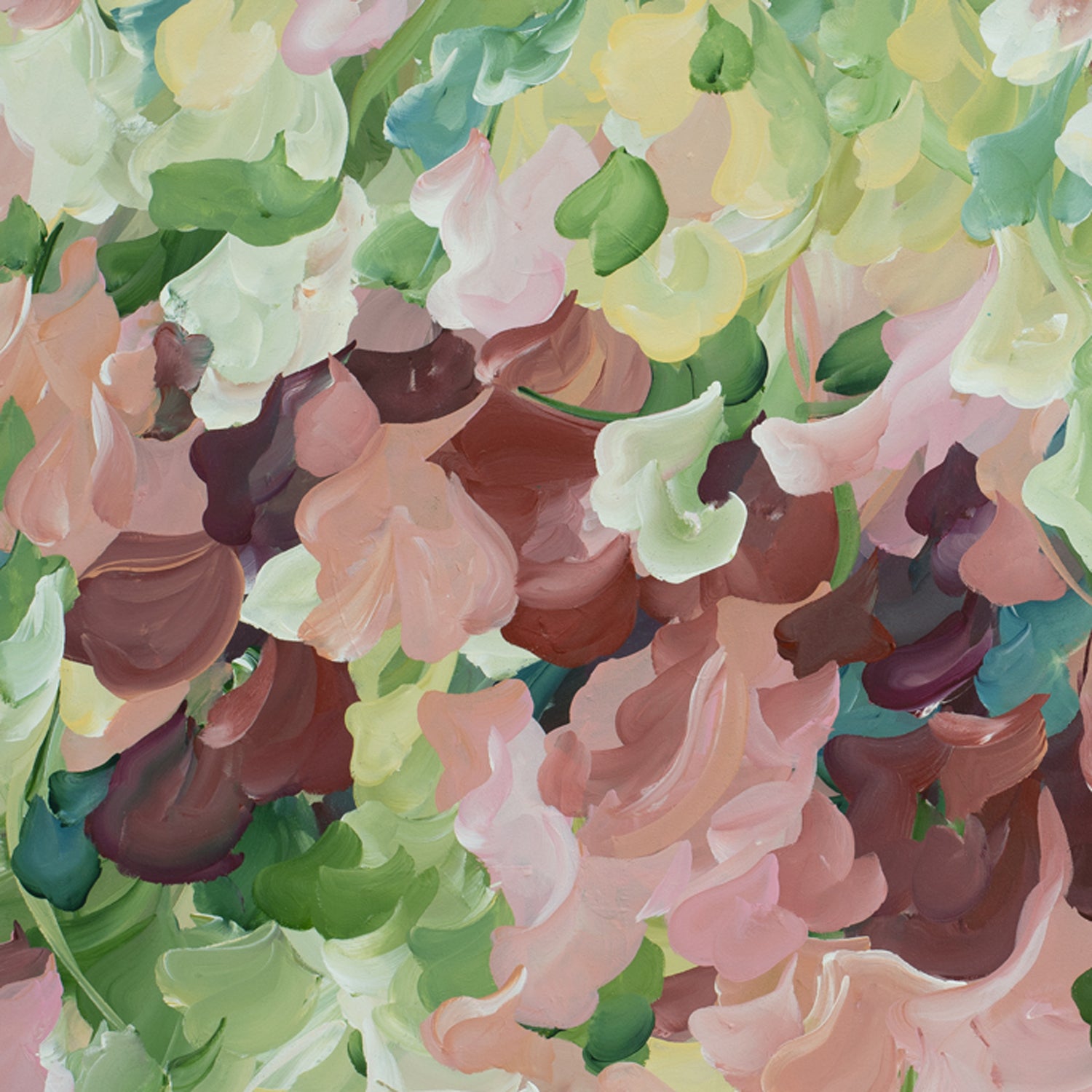 Modern nature art print in contemporary colours of warm brown and pinks and natures green. Contemporary impressionist simple style. Close up cropped section of art print.