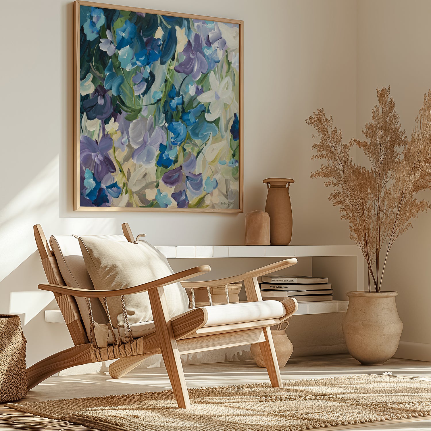 Modern blue and purple abstract floral art print hanging in a modern neutral living room.