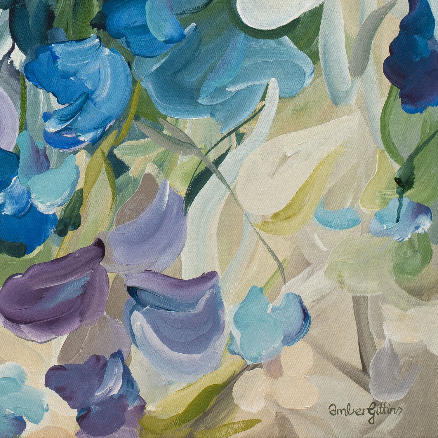 Modern blue and purple abstract floral fine art print. Close up cropped section.
