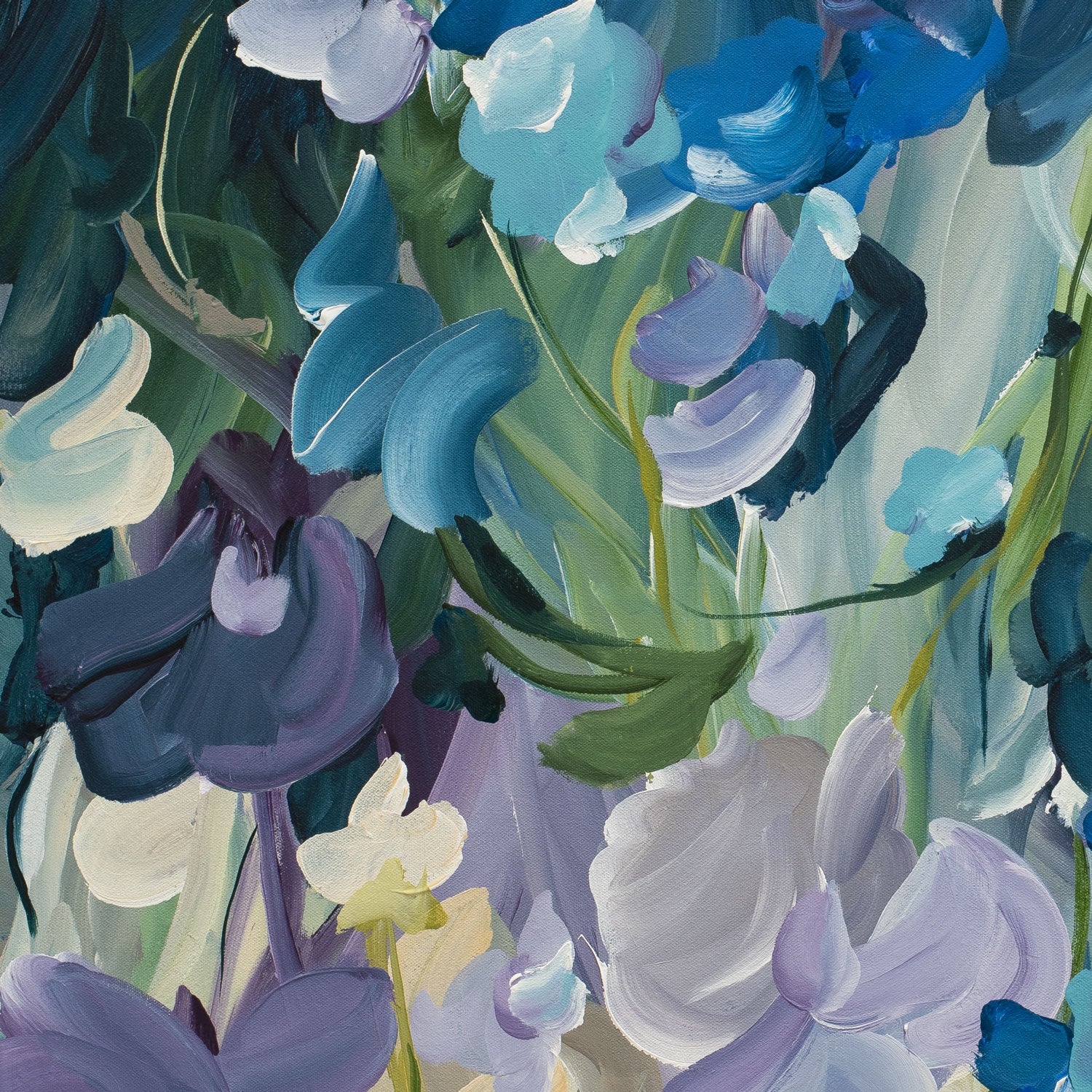 Modern blue and purple abstract floral fine art print. Close up cropped section.