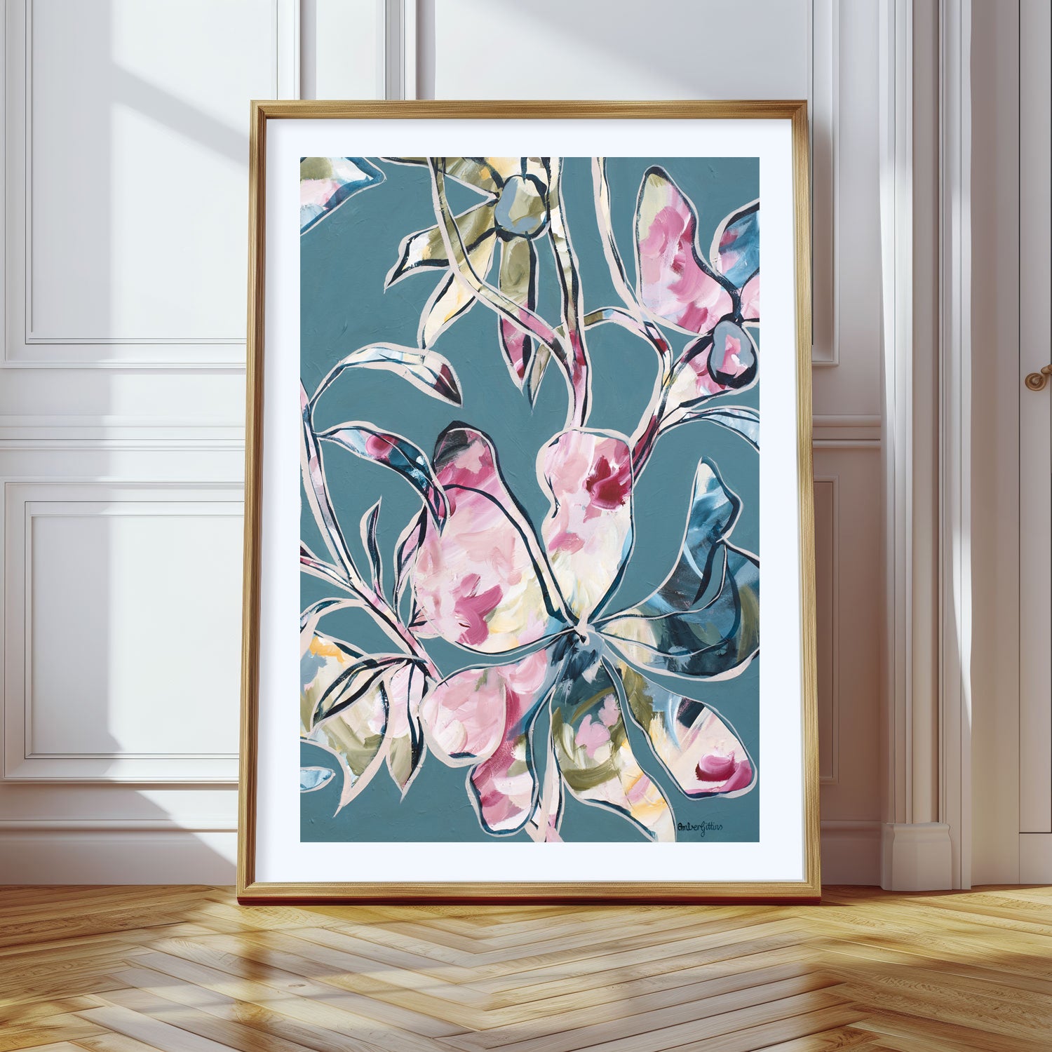 Modern blue and pink abstract flower art print with a natural frame