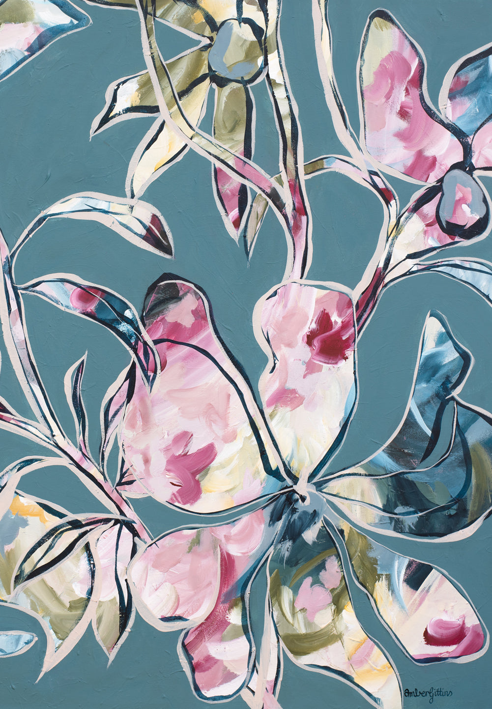 Colourful modern floral abstract wall art print in an eclectic bohemian style. Colour palette of greys, blues, pinks and greens.