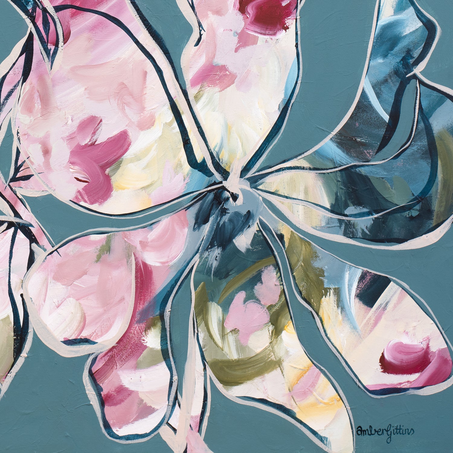 Colourful modern floral abstract wall art print in an eclectic bohemian style. Colour palette of greys, blues, pinks and greens. Close up cropped section.