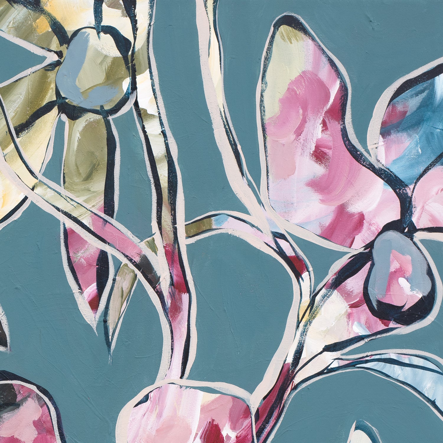 Colourful modern floral abstract wall art print in an eclectic bohemian style. Colour palette of greys, blues, pinks and greens. Close up cropped section.