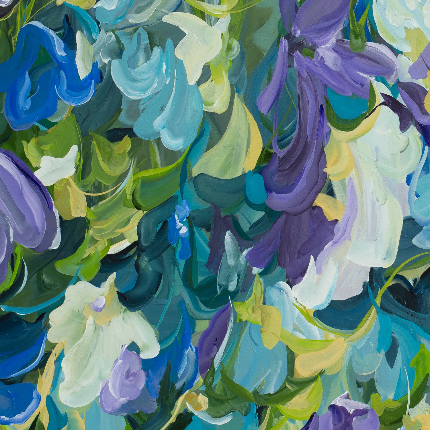Modern blue, green and purple abstract impressionist style flower painting. Cropped close up section.