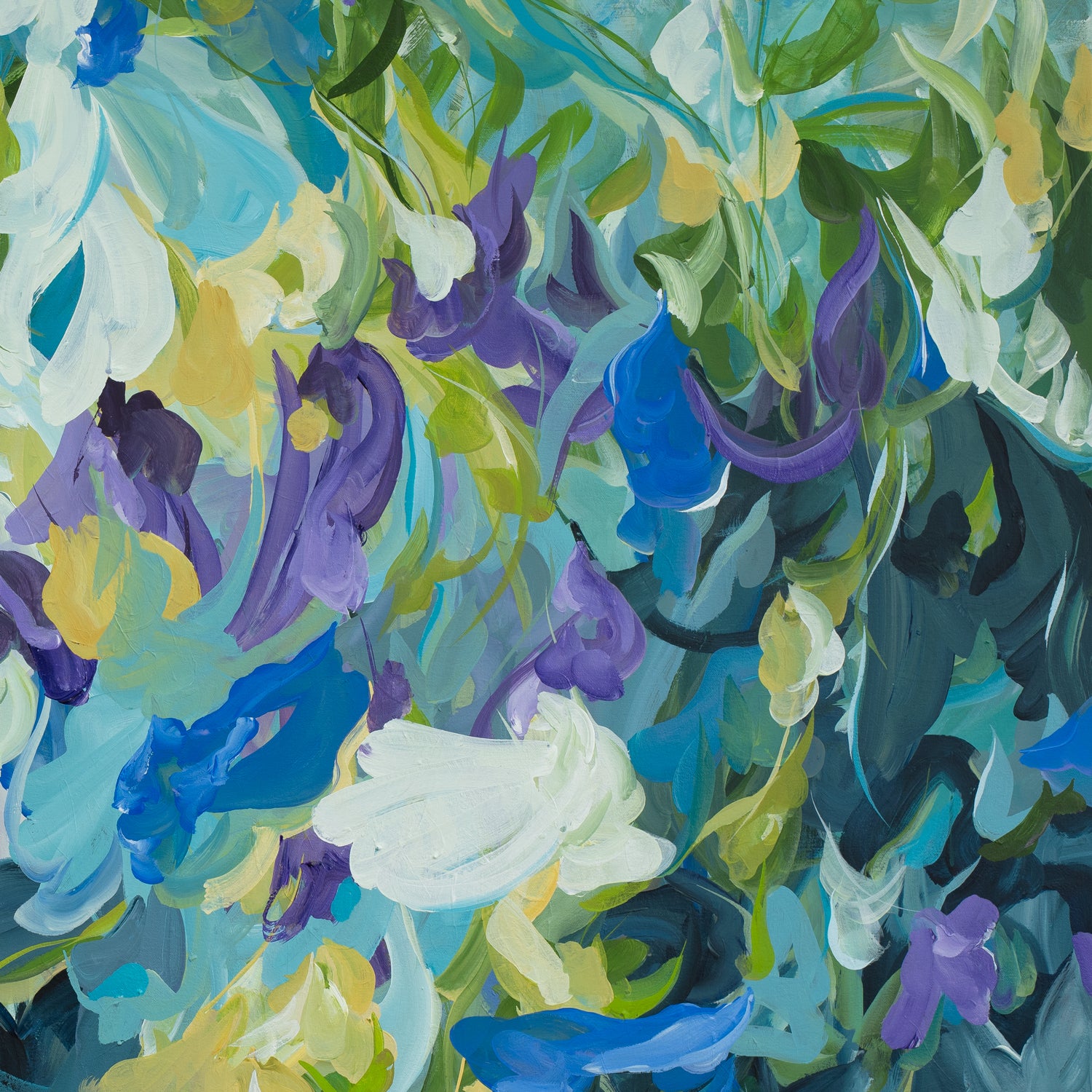 Modern blue, green and purple abstract impressionist style flower painting. Cropped close up section.