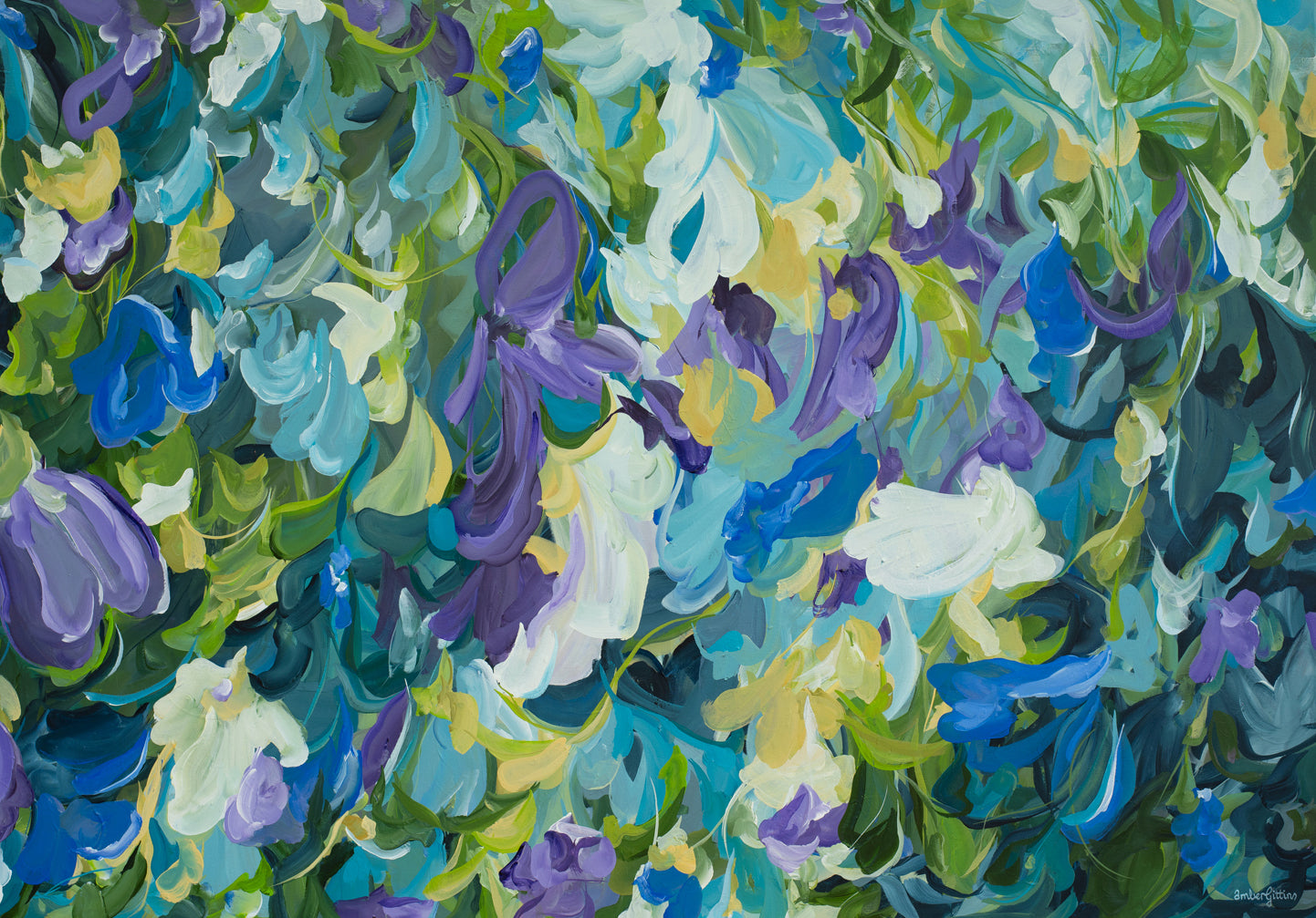 Modern blue and purple abstract impressionist style flower painting.