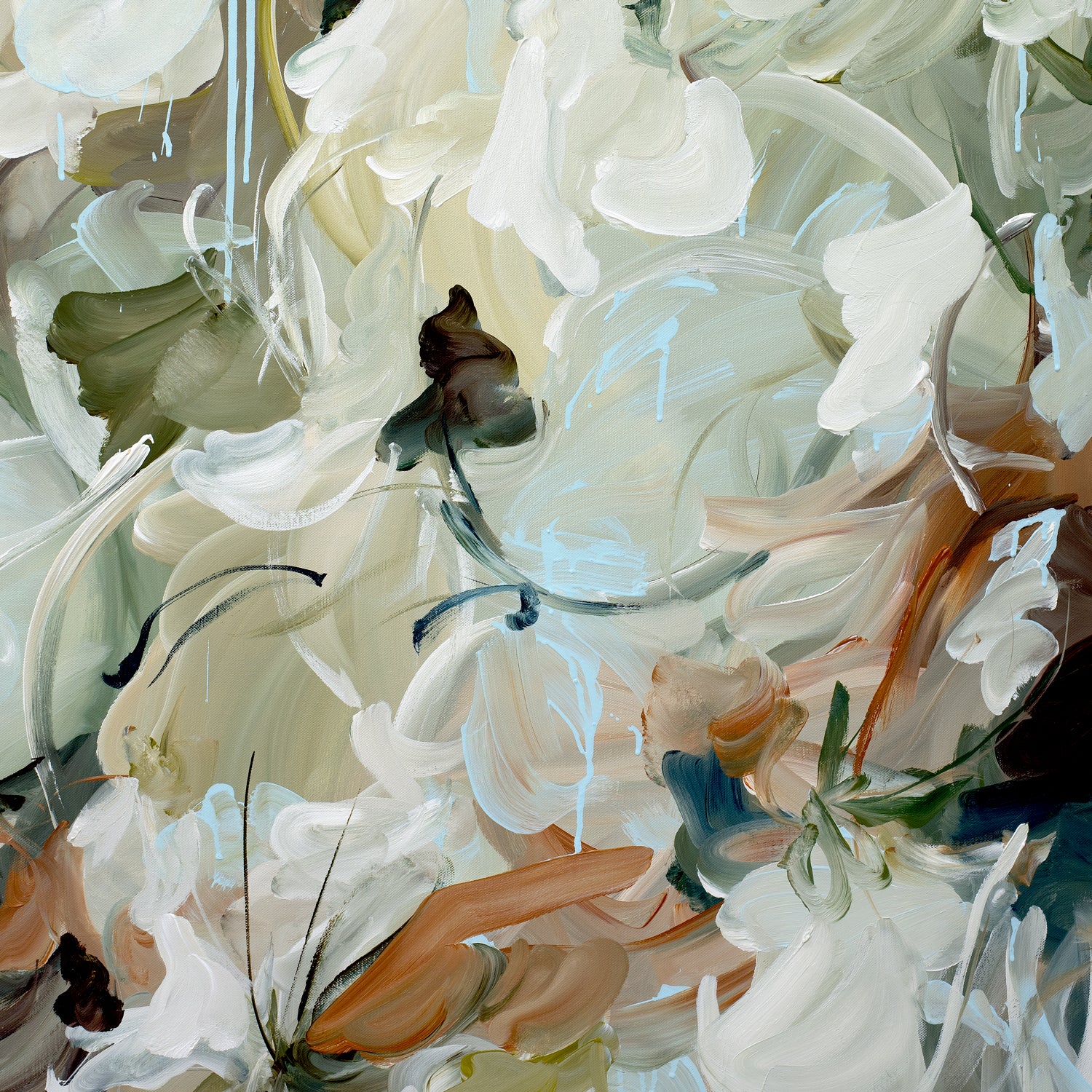 Neutral and tranquil abstract nature fine art prints in beige, cream, olive green and warm browns. Minimal design with interesting layers and movement.  Close up cropped section of artwork.