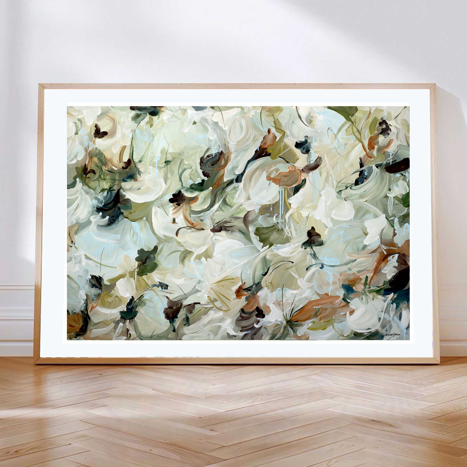 Neutral and tranquil abstract nature fine art prints in beige, cream, olive green and warm browns. Minimal design with interesting layers and movement.