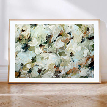 Neutral and tranquil abstract nature fine art prints in beige, cream, olive green and warm browns. Minimal design with interesting layers and movement.