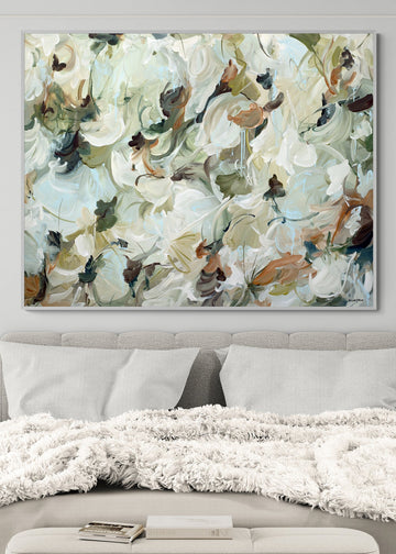 Large neutral coloured of browns and greens, wildflower statement original painting in a bedroom interior setting.