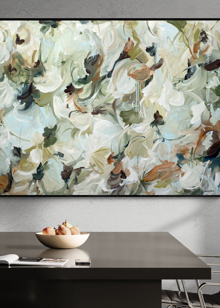Large neutral coloured of browns and greens, wildflower statement original painting in a corporate office interior setting.