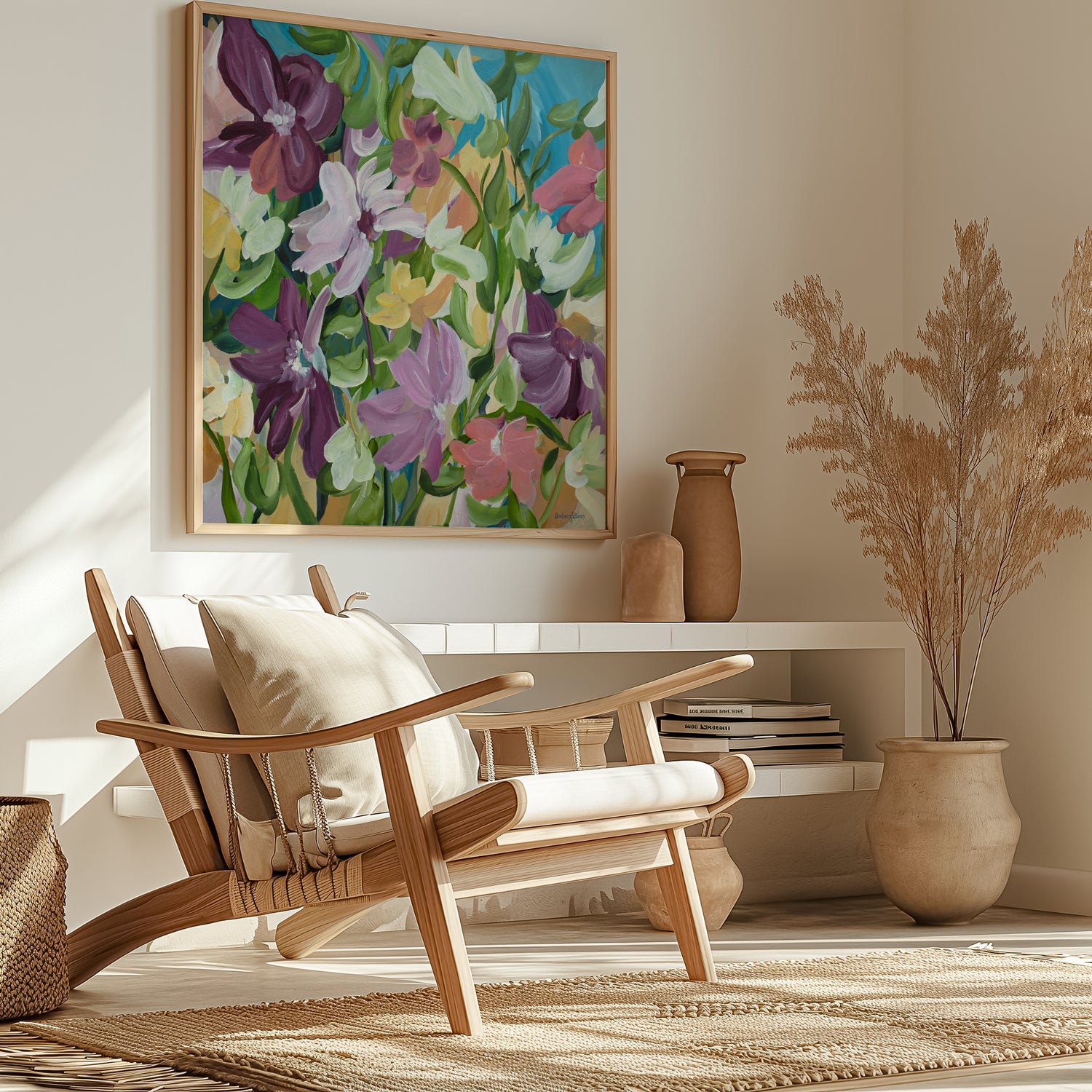 Colourful flower fine art print in a modern layered style with purple, green, pink, blue and warm yellow colours. Framed in a natural frame hanging in a modern neutral lounge room.