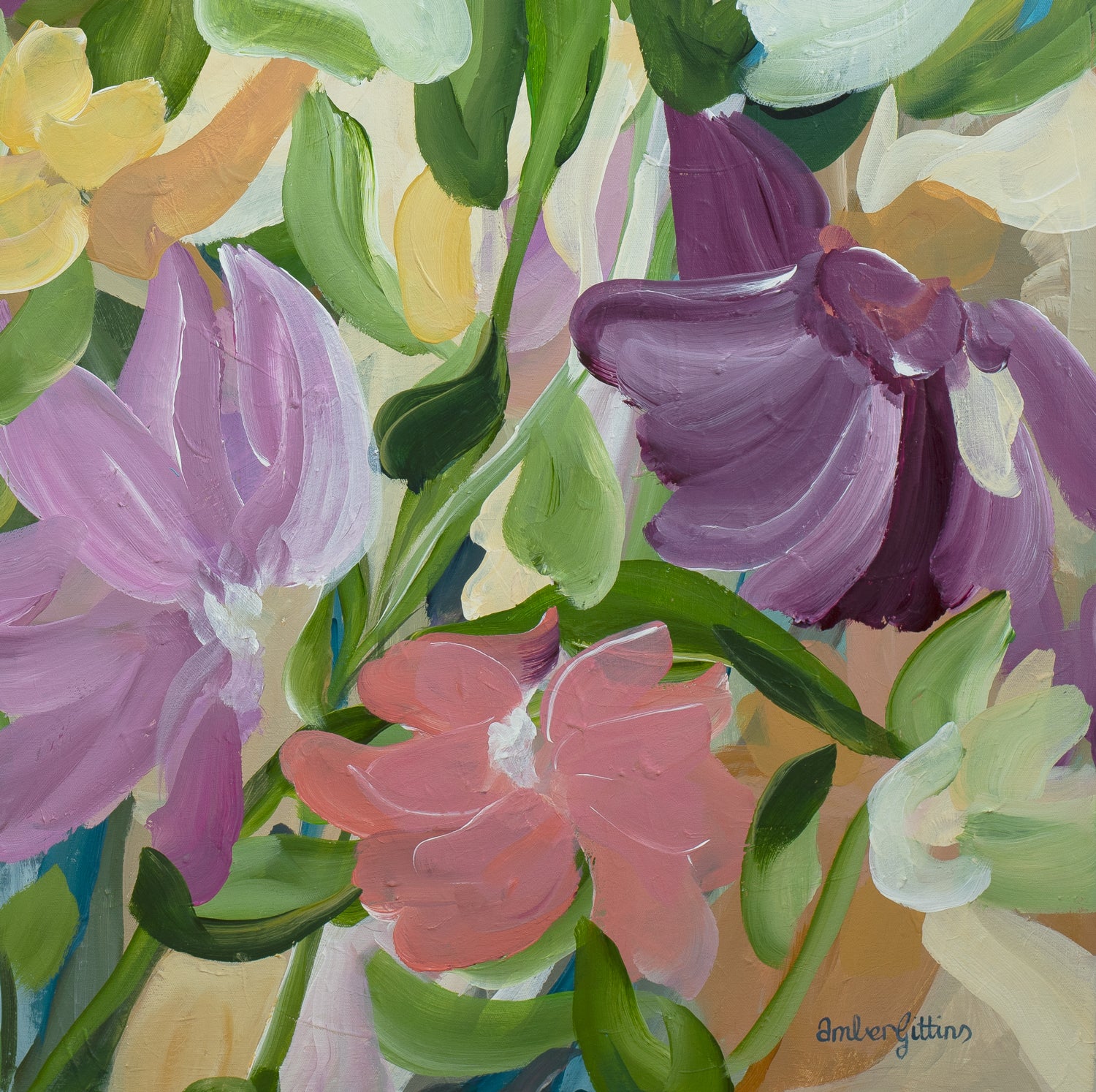 Colourful abstract flower fine art print in a modern layered style with purple, green, pink, blue and warm yellow colours. Close up cropped section of the canvas art print.