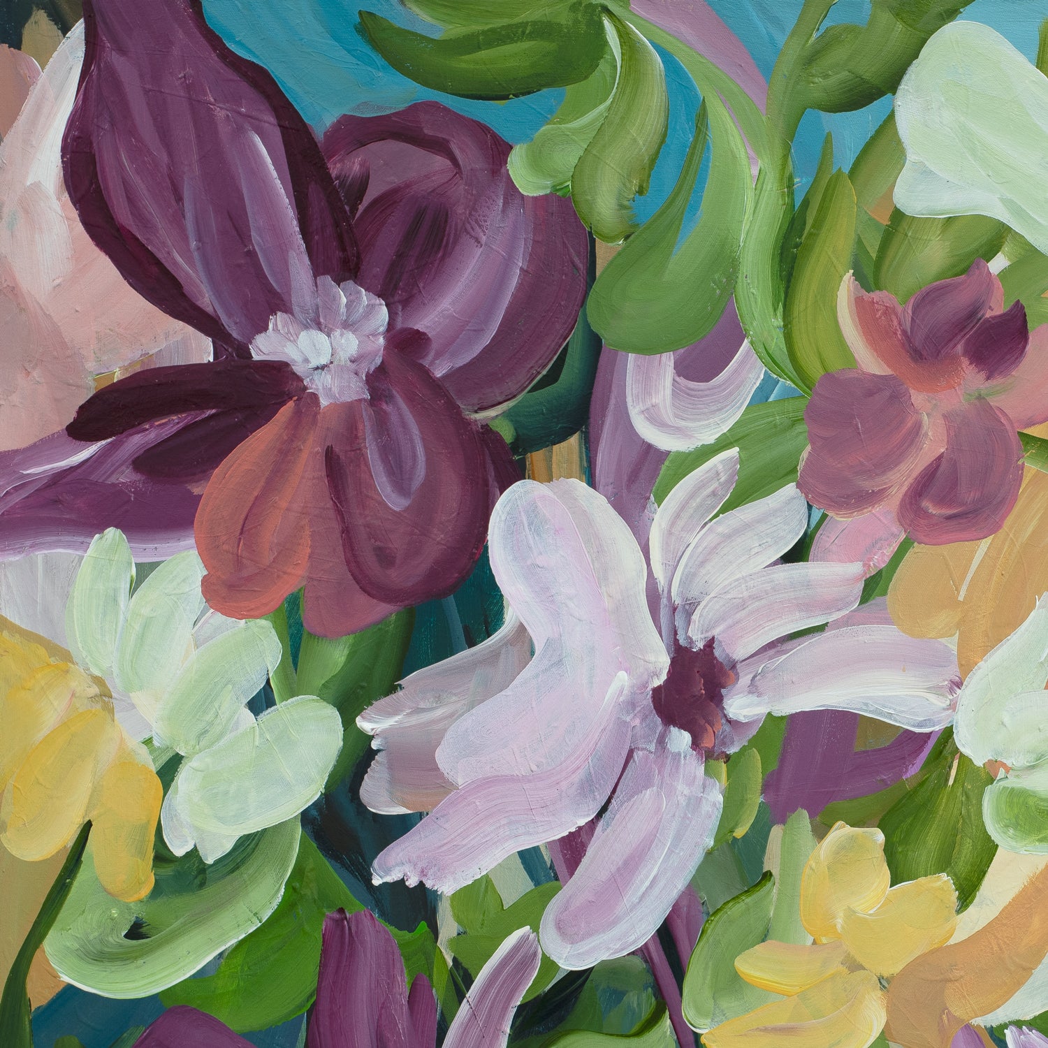 Colourful abstract flower fine art print in a modern layered style with purple, green, pink, blue and warm yellow colours. Close up cropped section of the canvas art print.