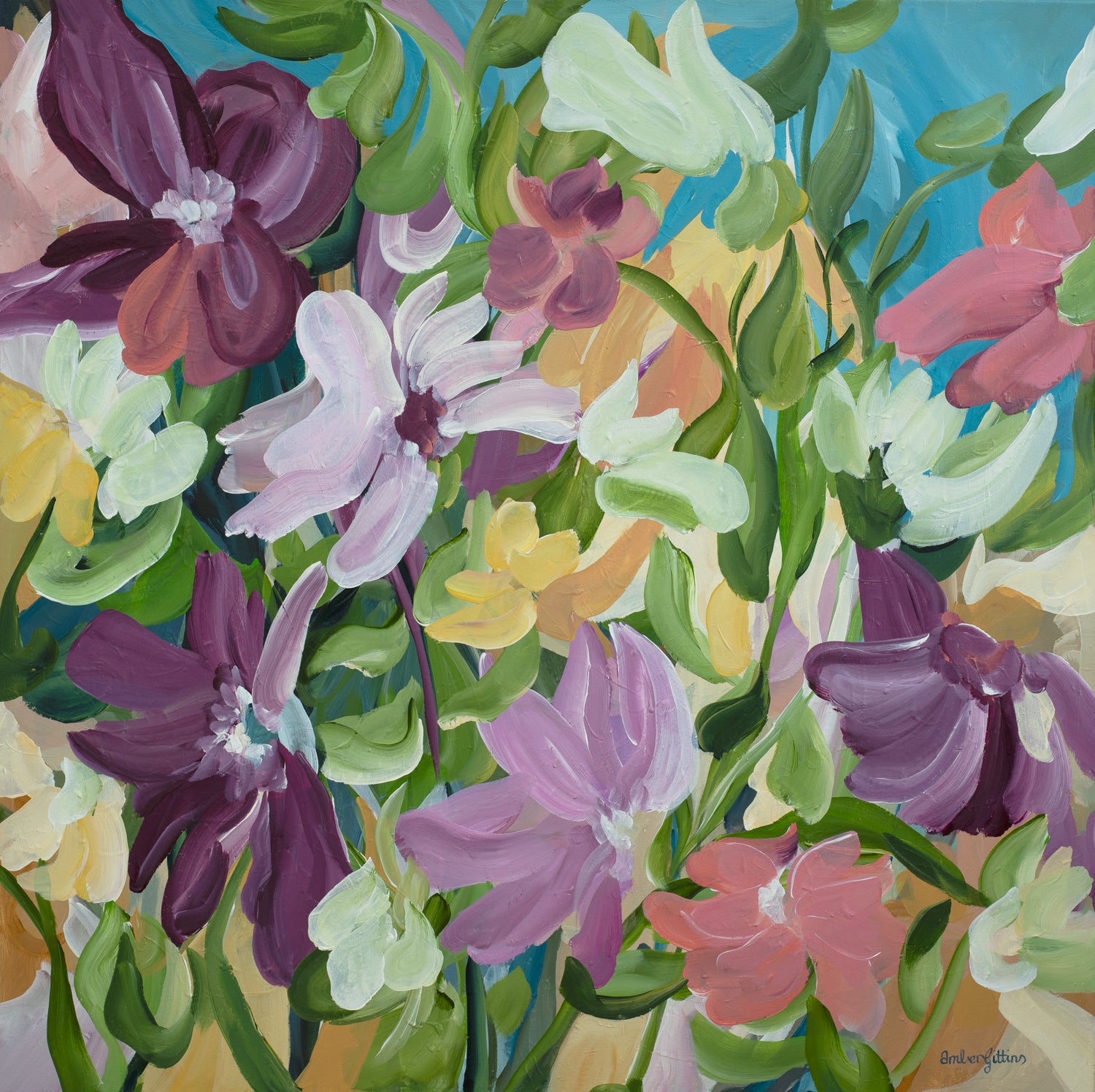 Colourful abstract flower fine art print in a modern layered style with purple, green, pink, blue and warm yellow colours.