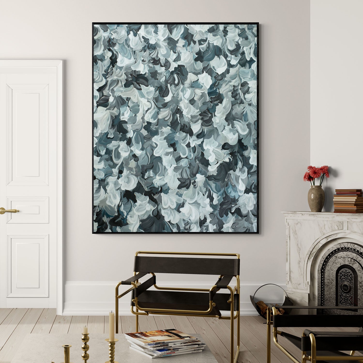 Extra large contemporary abstract painting of abstract natural organic shapes in blue, black and grey colour palette. Hanging in a waiting room.