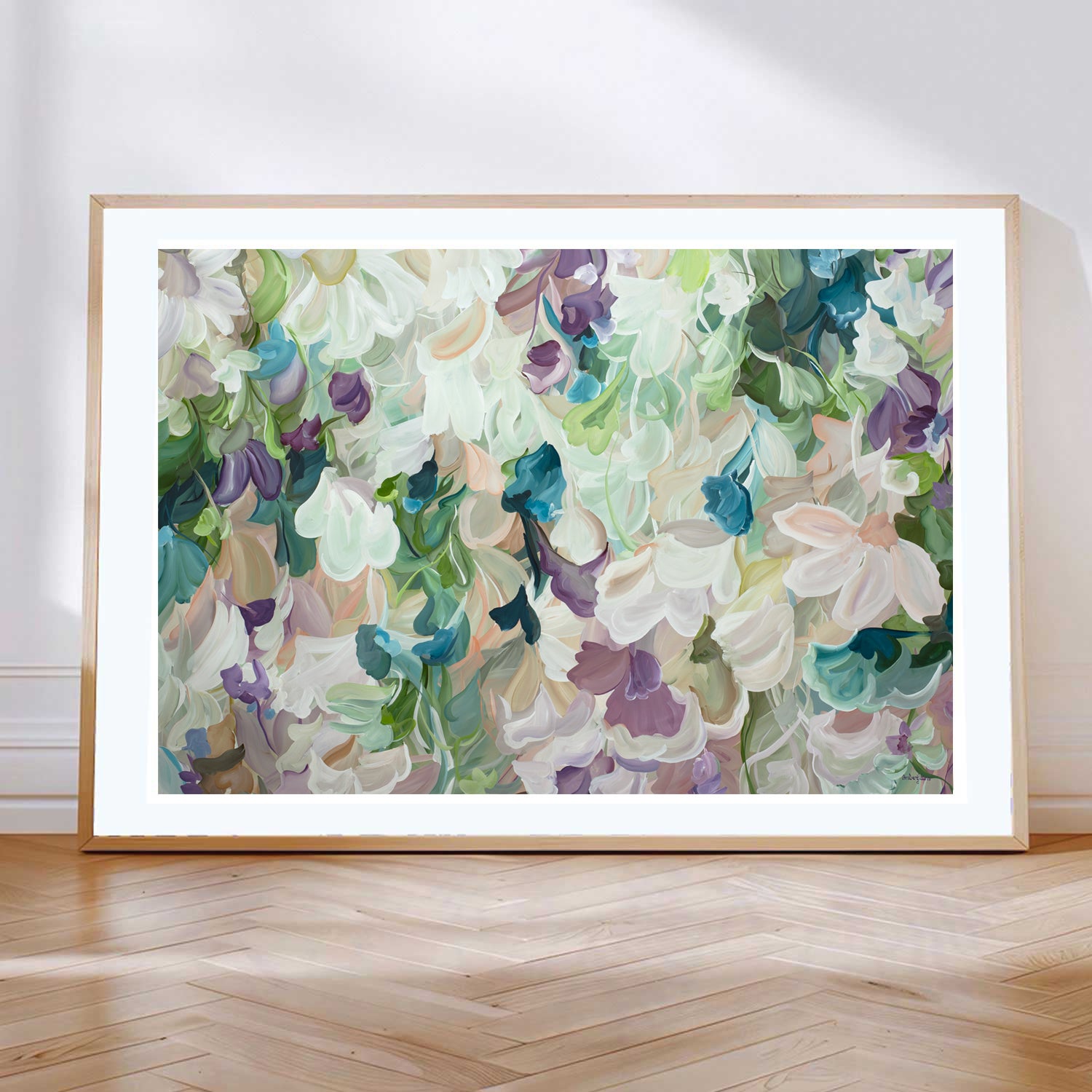 Modern abstract flower art print in pastel shades of green, pink, apricot and turquoise.