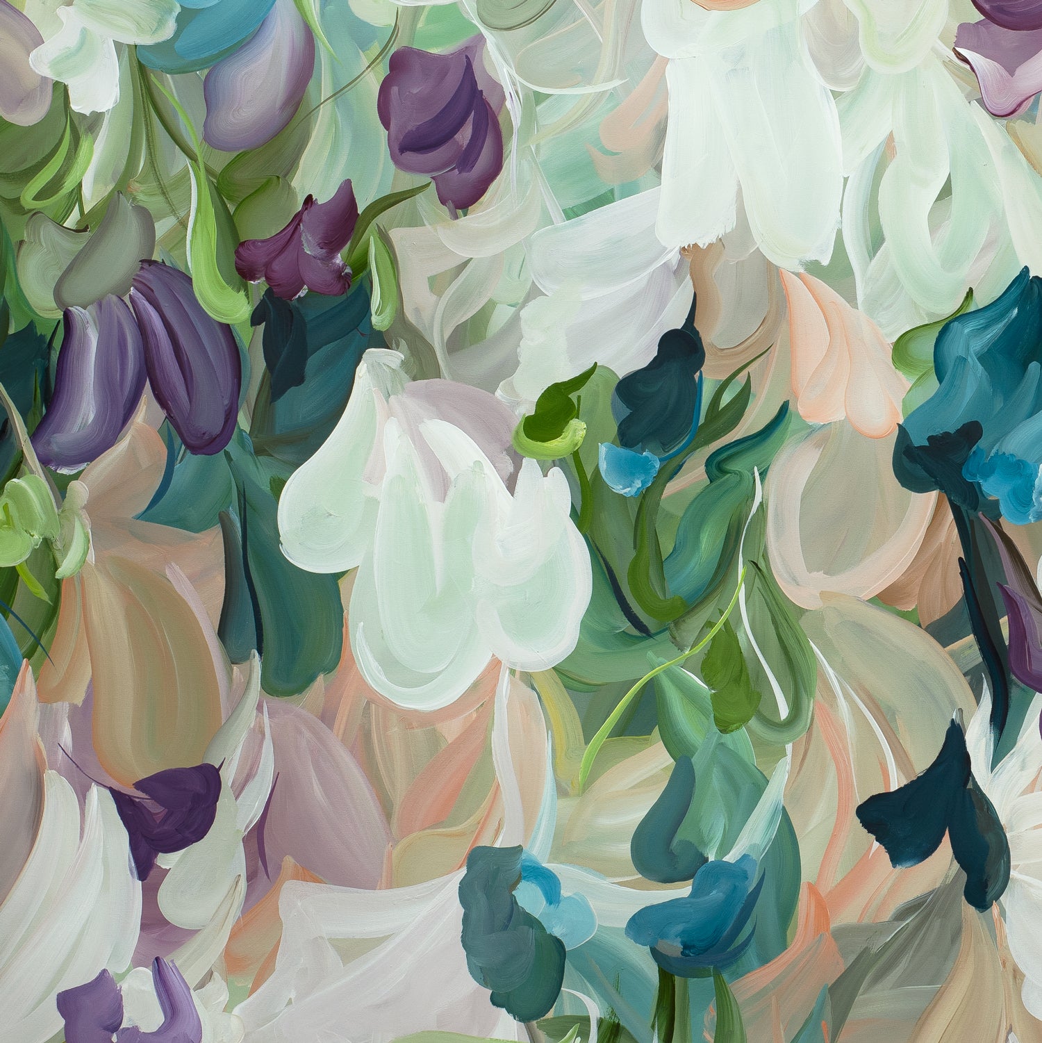 Modern abstract flower art print in pastel shades of green, pink, apricot and turquoise. Close up cropped section.