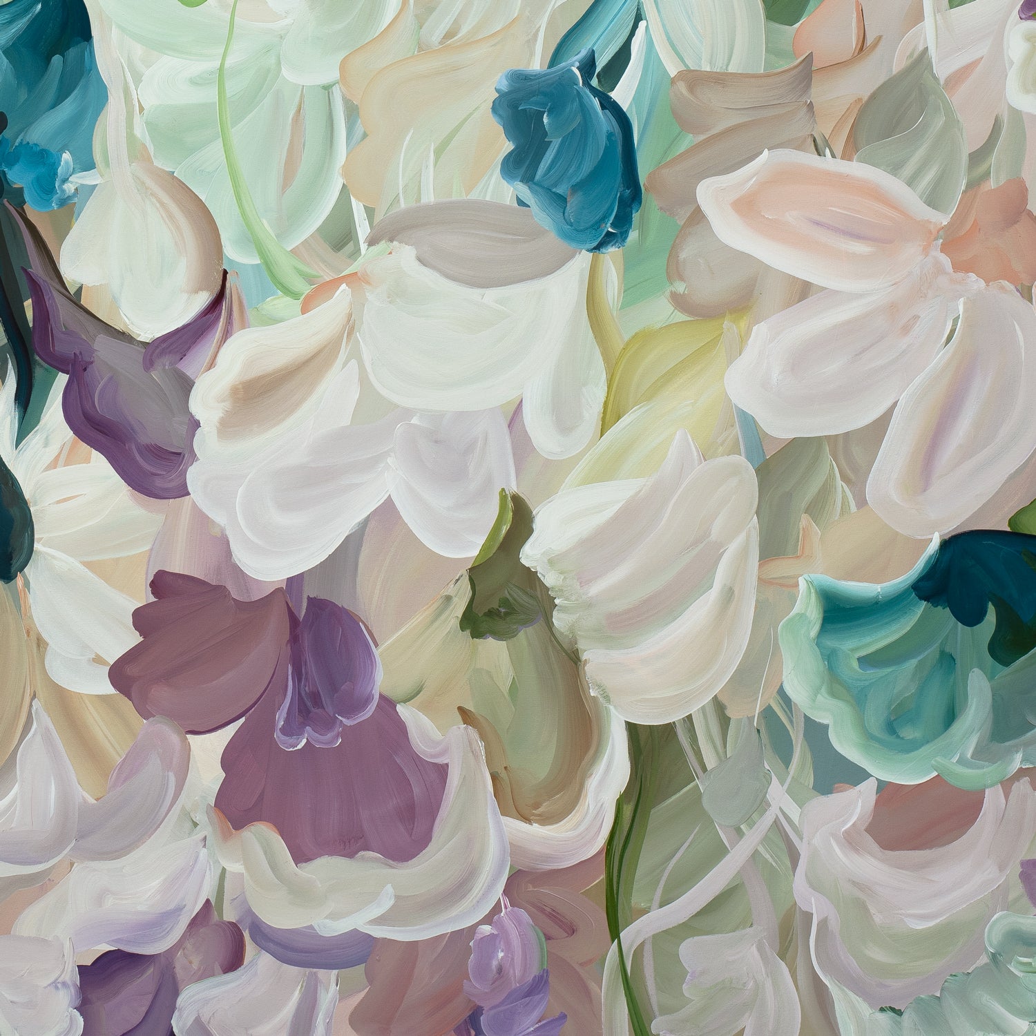 Modern abstract flower art print in pastel shades of green, pink, apricot and turquoise. Close up cropped section.