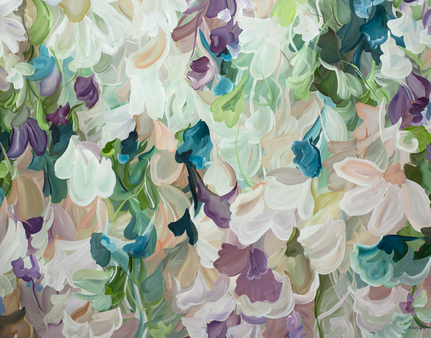 Modern abstract flower art print in pastel shades of green, pink, apricot and turquoise.