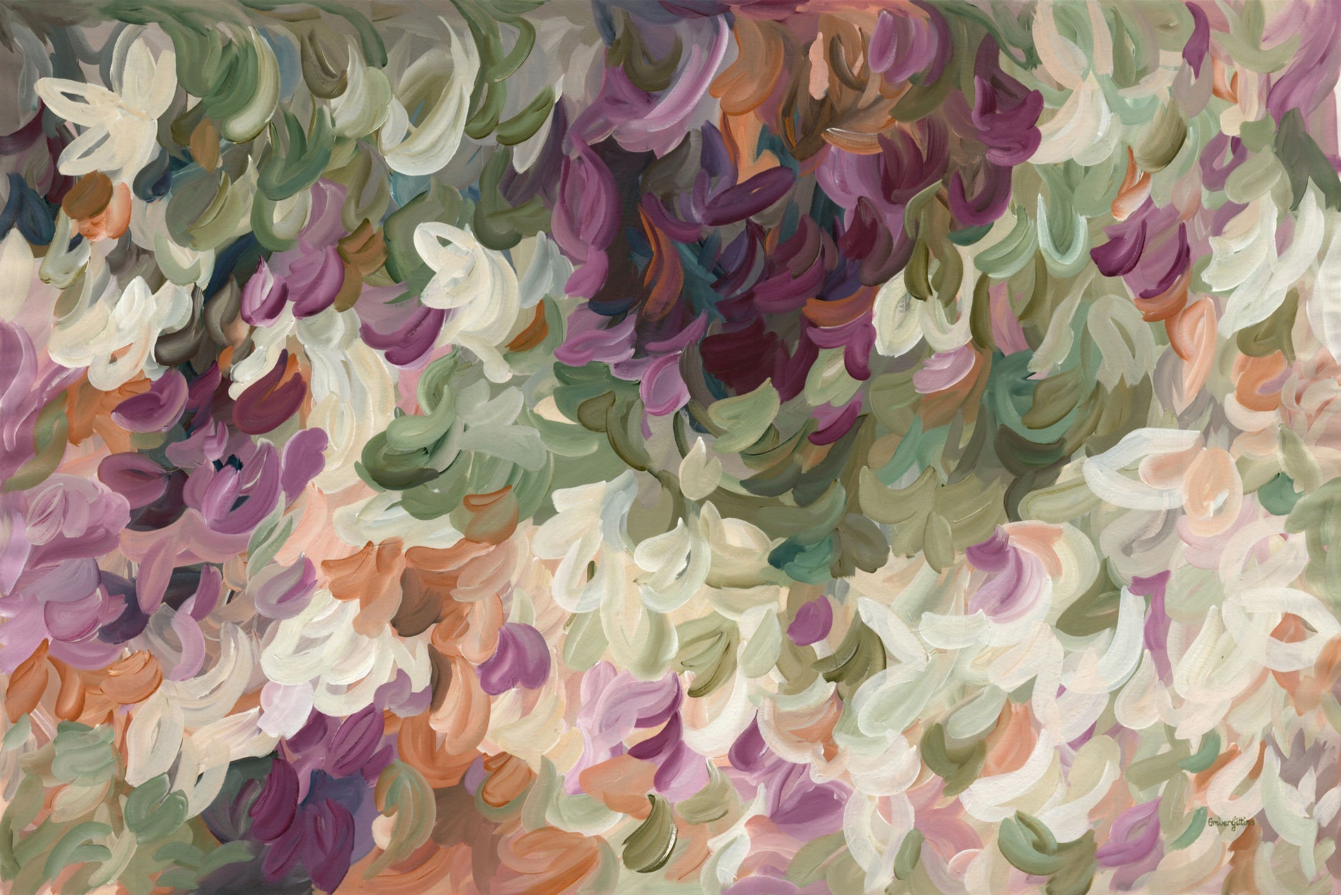 Contemporary abstract art print of nature and leaves in warm tones of burgundy, orange, beige and olive green. Simple impressionist modern design of organic round layered shapes.