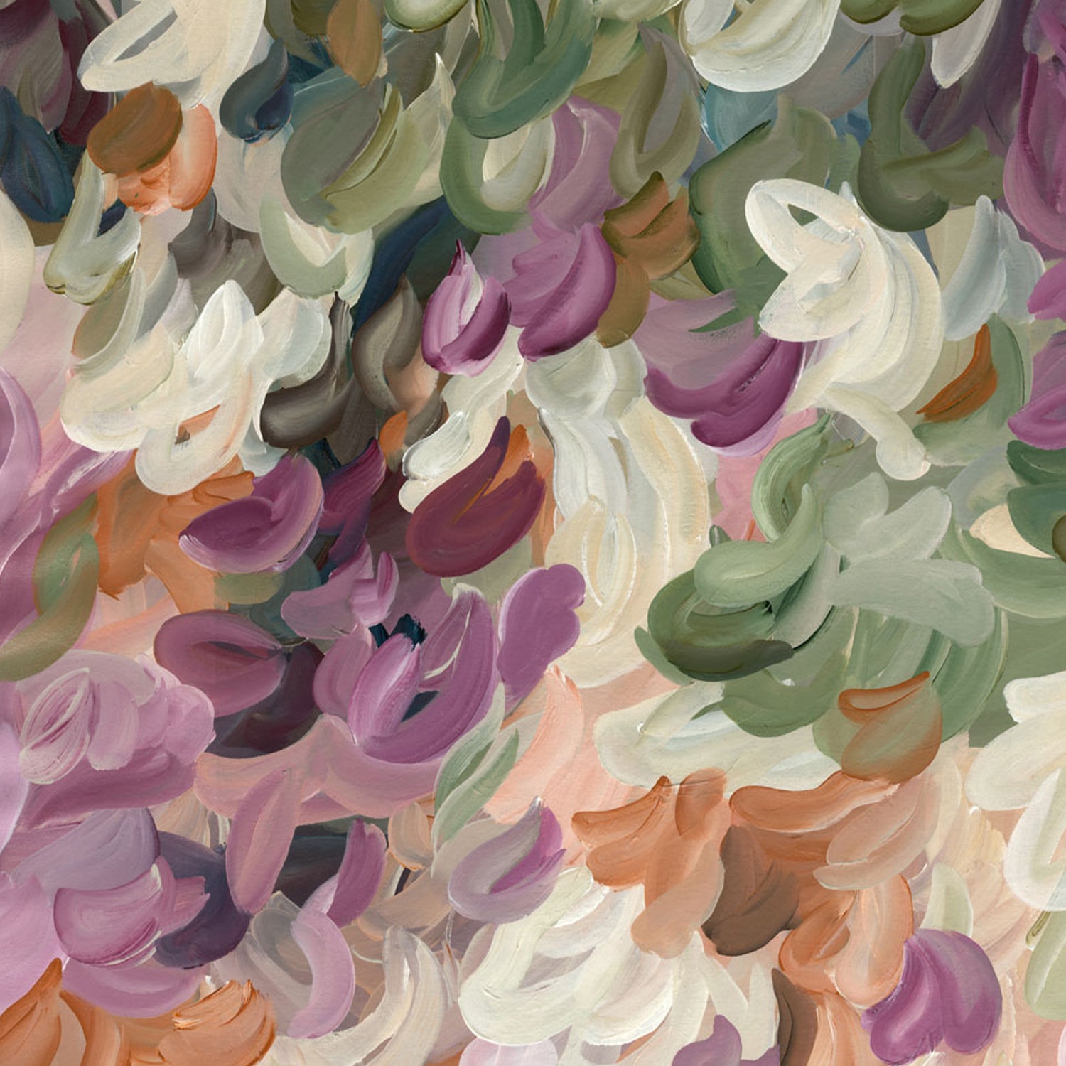 Contemporary abstract art print of nature and leaves in warm tones of burgundy, orange, beige and olive green. Simple impressionist modern design of organic round layered shapes.  Cropped close up section.