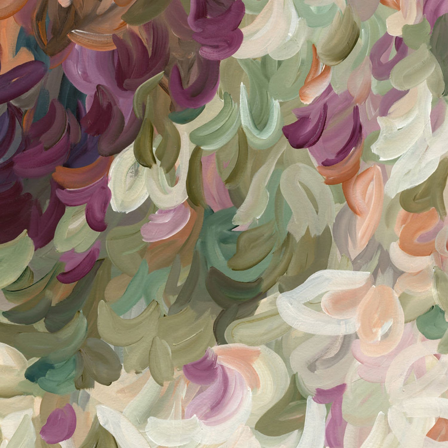 Contemporary abstract art print of nature and leaves in warm tones of burgundy, orange, beige and olive green. Simple impressionist modern design of organic round layered shapes.  Cropped close up section.